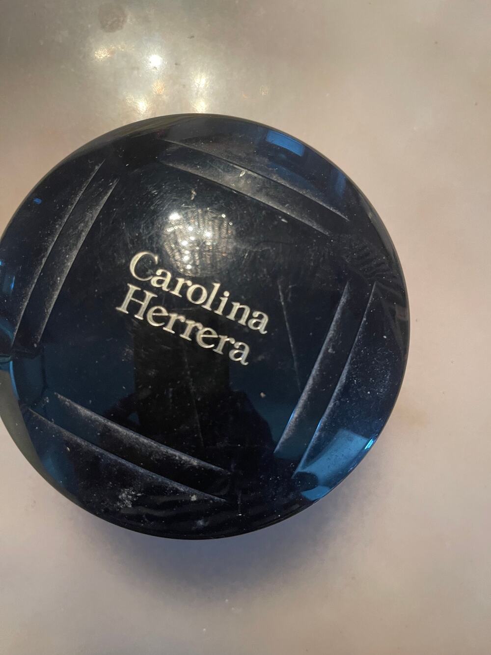 Vintage Carolina Herrera Perfumed Dusting Powder/Black Hard Shell Travel Holder